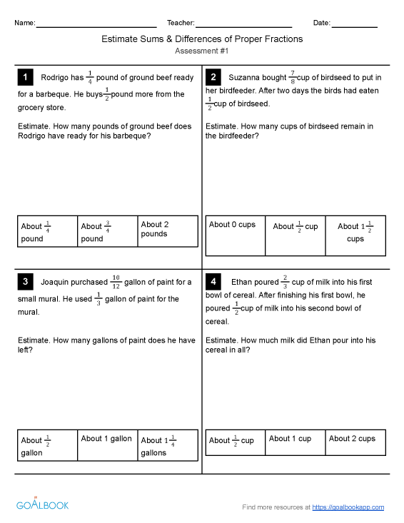 Estimate Sums & Differences of Proper Fractions | Math Anchor Page IEP